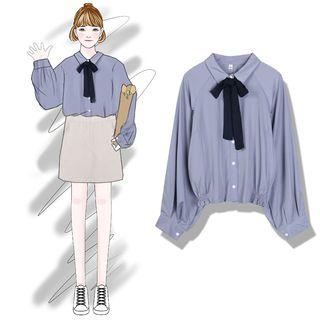 Long-sleeve Ribbon Shirt Blue - One Size