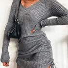 V-neck Drawstring Knit Mini Bodycon Dress