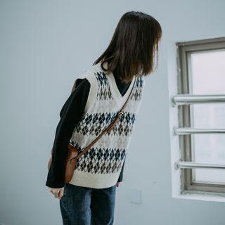 Argyle Knit Vest Khaki - One Size