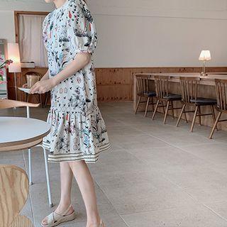 Puff-sleeve Printed Dress Ivory - One Size