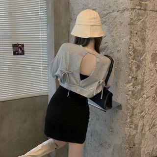 Open Back Cropped Pullover / Spaghetti Strap Sheath Dress Hoodie - Gray - One Size / Dress - Black - One Size