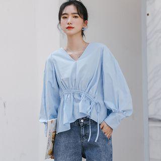 Long-sleeve Asymmetric Drawstring Blouse