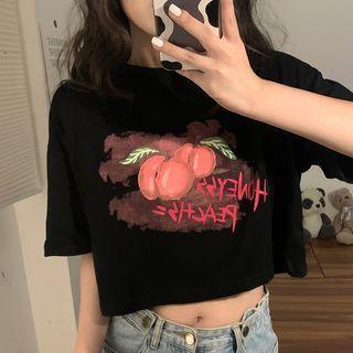 Short-sleeve Peach Print Crop T-shirt