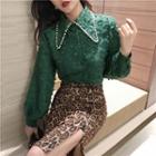 Faux-pearl Detail Blouse / Leopard Pattern Pencil Skirt