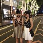Polka Dot Sleeveless V-neck Top / Drawstring Waist Culottes
