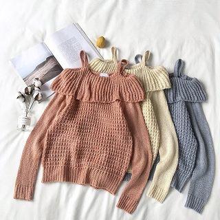 Plain Off-shoulder Ruffled-trim Cut Out Long-sleeve Knit Top
