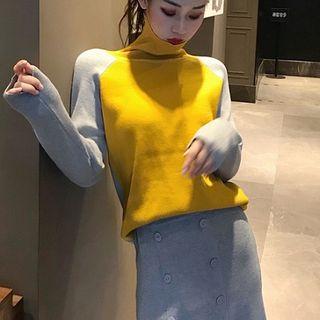 Turtleneck Color Block Long-sleeve Knit Top / High Waist A-line Knit Skirt