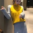 Turtleneck Color Block Long-sleeve Knit Top / High Waist A-line Knit Skirt