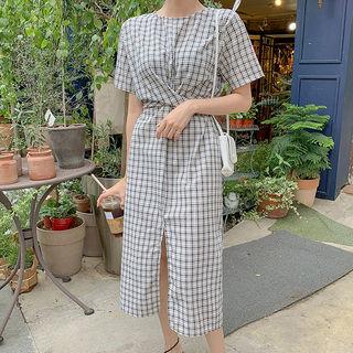 Slit-front Tie-waist Long Plaid Dress