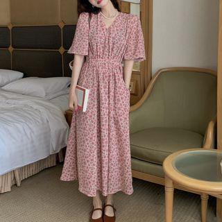 Short Sleeve V-neck Floral Print Chiffon Midi A-line Dress