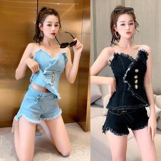 Set: Strapless Frayed Denim Top + Shorts