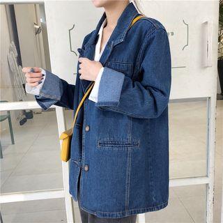 Plain Loose-fit Denim Blazer Blue - One Size