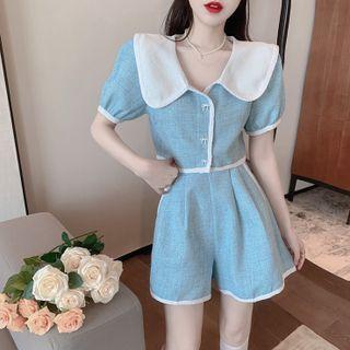 Puff-sleeve Contrast Trim Blouse / Shorts
