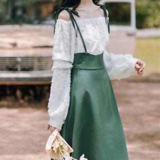 Set: Long-sleeve Top + Suspender Midi A-line Skirt
