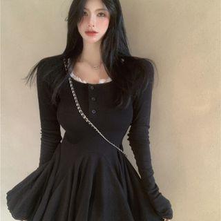 U-neck Lace Ribbed Button-up A-line Mini Dress Dress - One Size