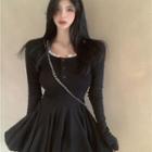U-neck Lace Ribbed Button-up A-line Mini Dress Dress - One Size
