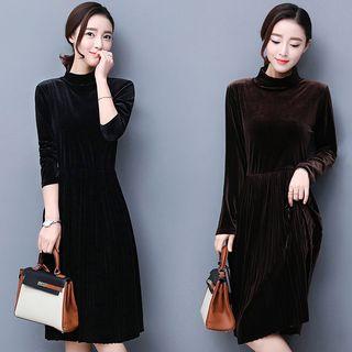 Velvet Long-sleeve Midi A-line Dress