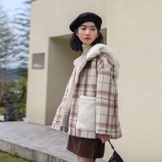 Fleece Panel Plaid Hooded Jacket