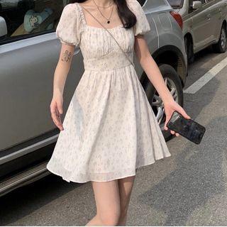 Short-sleeve Cutout Floral Print Mini A-line Dress