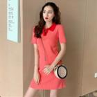 Short-sleeve Color Block Mini Polo Dress Red - One Size