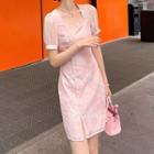 Puff-sleeve Square-neck Floral Qipao Dress