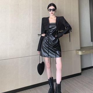 Spaghetti Strap Mini A-line Dress / Detachable Sleeve Cropped Blazer