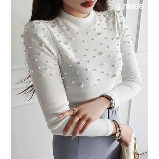 Mock-neck Faux-pearl Embellished Knit Top