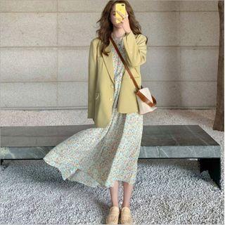 Floral Print Midi Dress / Two Button Plain Blazer