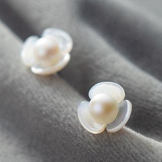 925 Sterling Silver Faux Pearl Flower Earring 1 Pair - Silver - One Size