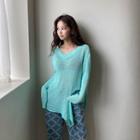 Asymmetric V-neck Slit-hem Knit Top