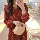 Long-sleeve Ruffle Trim Polka Dot Tie Waist Dress Wine Red - One Size