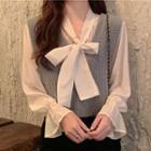 Long-sleeve Tie Neck Blouse / Knit Vest