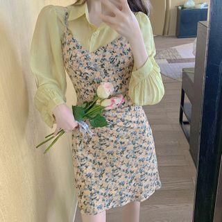 Plain Shirt / Floral Print Spaghetti-strap Mini A-line Dress