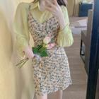 Plain Shirt / Floral Print Spaghetti-strap Mini A-line Dress