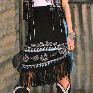 Fringe Hem Embroidered Midi Skirt