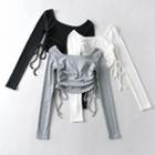 Long-sleeve Plain Drawstring Cropped Top