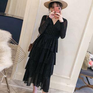 Sequin Long-sleeve Tiered Midi Dress