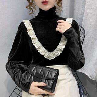 Turtleneck Lace Panel Velvet Top