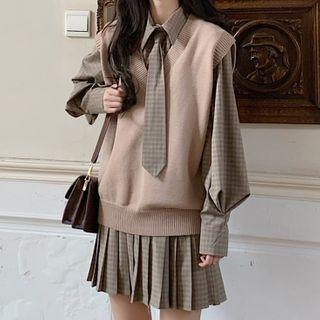 Plaid Long-sleeve Pleated Mini A-line Dress / Knit Vest