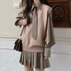 Plaid Long-sleeve Pleated Mini A-line Dress / Knit Vest