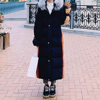 Fluffy Trim Hooded Color Block Midi Padded Coat