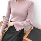 Plain Round-neck Bell-sleeve Slim-fit Sweater