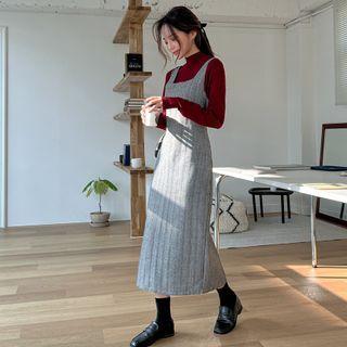 Square-neck Herringbone Long Pinafore Dress