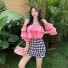 Elbow-sleeve Off-shoulder Ruffled Top / Houndstooth Mini Fitted Skirt