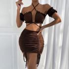 Set: Cold-shoulder Crop Top + Drawstring Mini Pencil Skirt