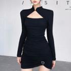 Long-sleeve Cheongsam Collar Cutout Ruched Mini Bodycon Dress