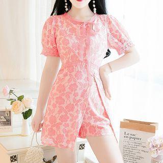 Set: Floral Embroidered Puff-sleeve Slit Mini A-line Dress + Shorts