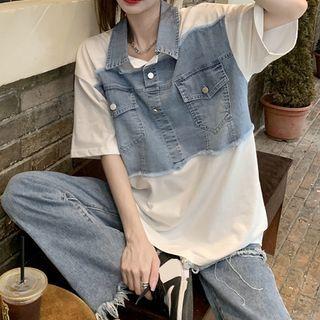 Mock Two-piece Short-sleeve Denim Panel T-shirt Blue & White - One Size