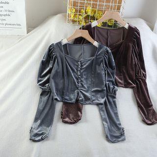 Long-sleeve Square-neck Velvet Cropped Blouse