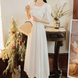 Puff-sleeve Lace Trim A-line Midi Dress